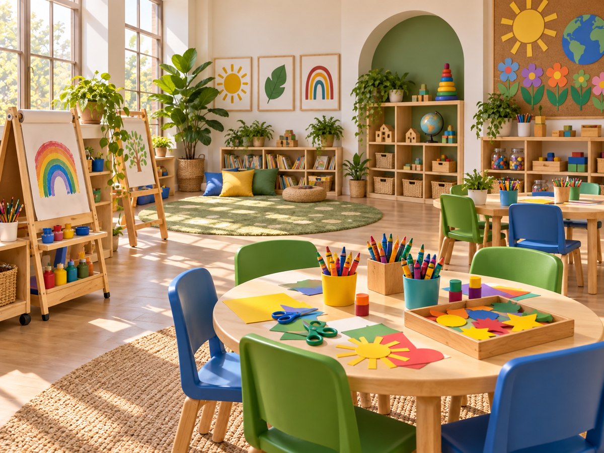 Concept illustration of an activity room with craft supplies and child-sized tables