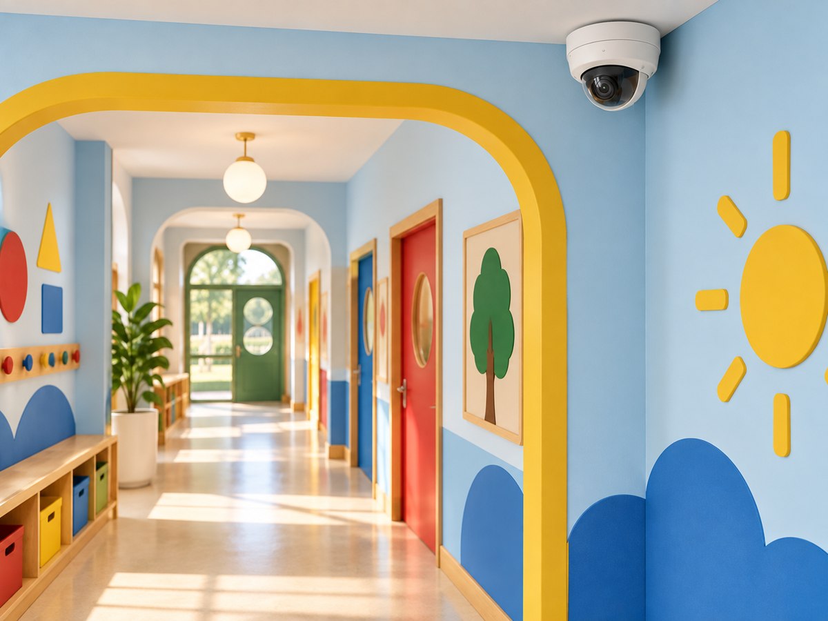 Concept illustration of a CCTV camera in a school corridor