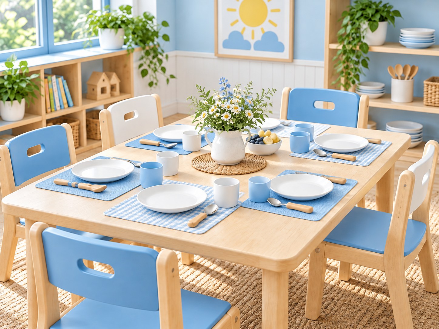 Concept illustration of a child-sized dining etiquette table with sky-blue and white chairs and place settings