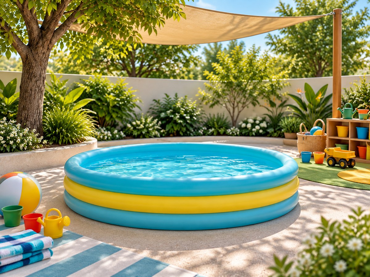 Concept illustration of a small inflatable swimming pool in a play area