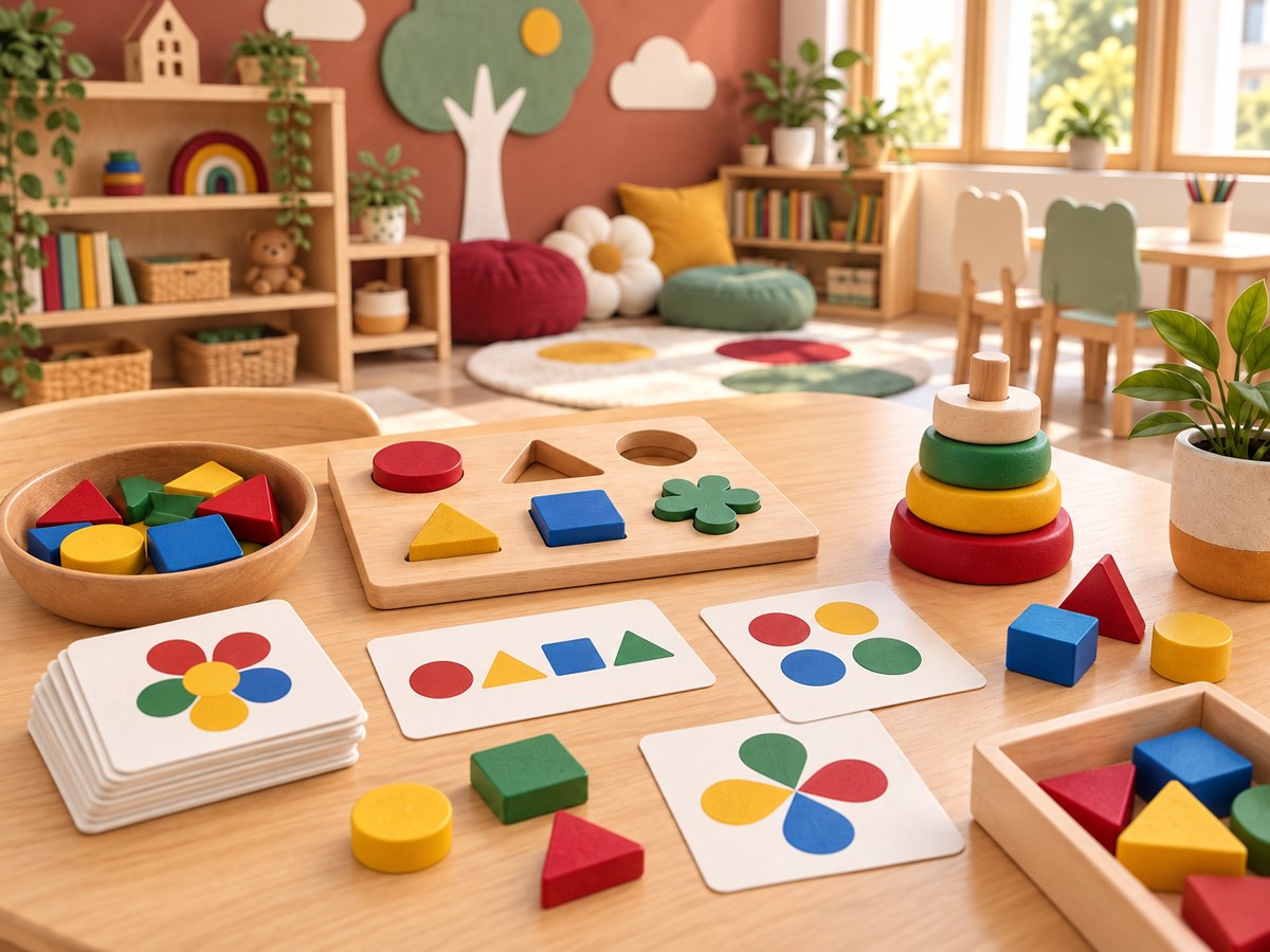 Concept illustration of planned activity games, with shape puzzles and pattern cards