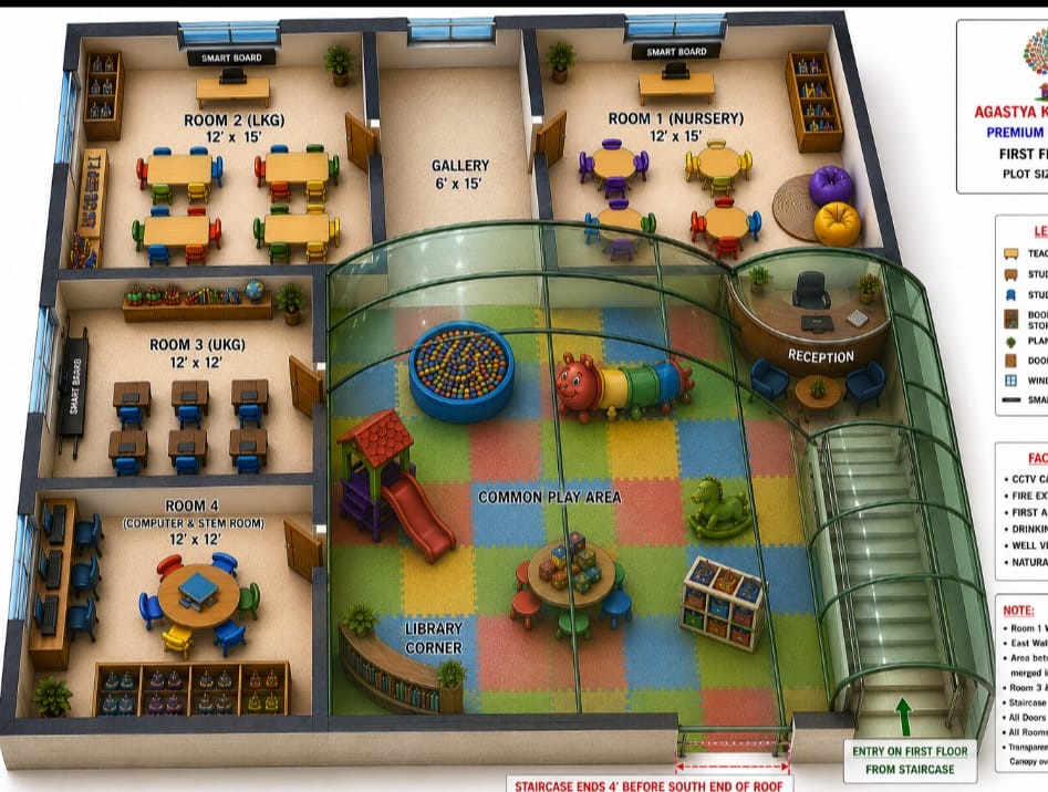 Founder-supplied proposed first-floor school layout, not a photo of a completed building