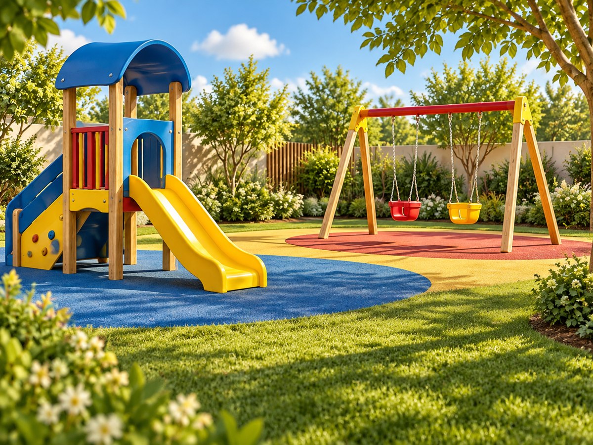 Concept illustration of a planned preschool play area with slide and swings