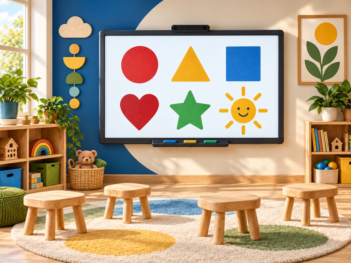 Concept illustration of a smart board with colorful shapes