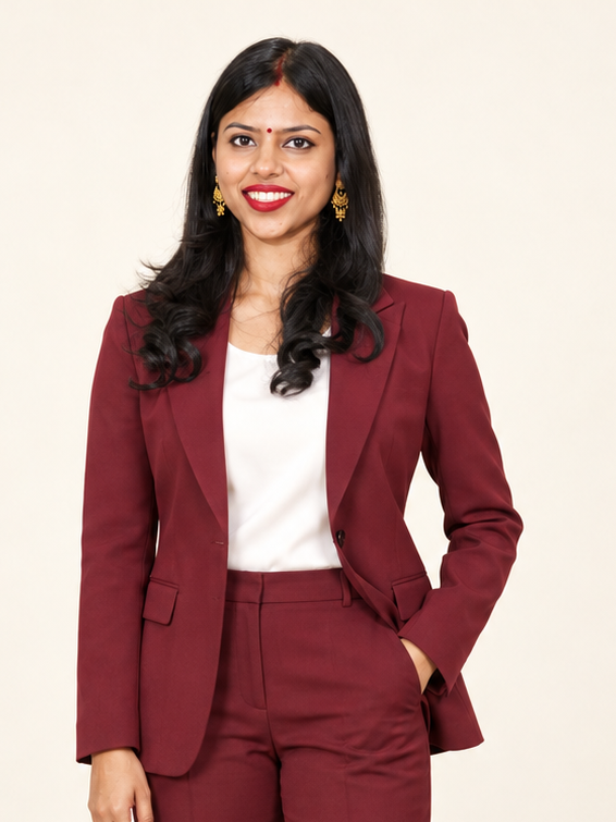 Waist-up edited portrait of Swati Singh in a maroon coat